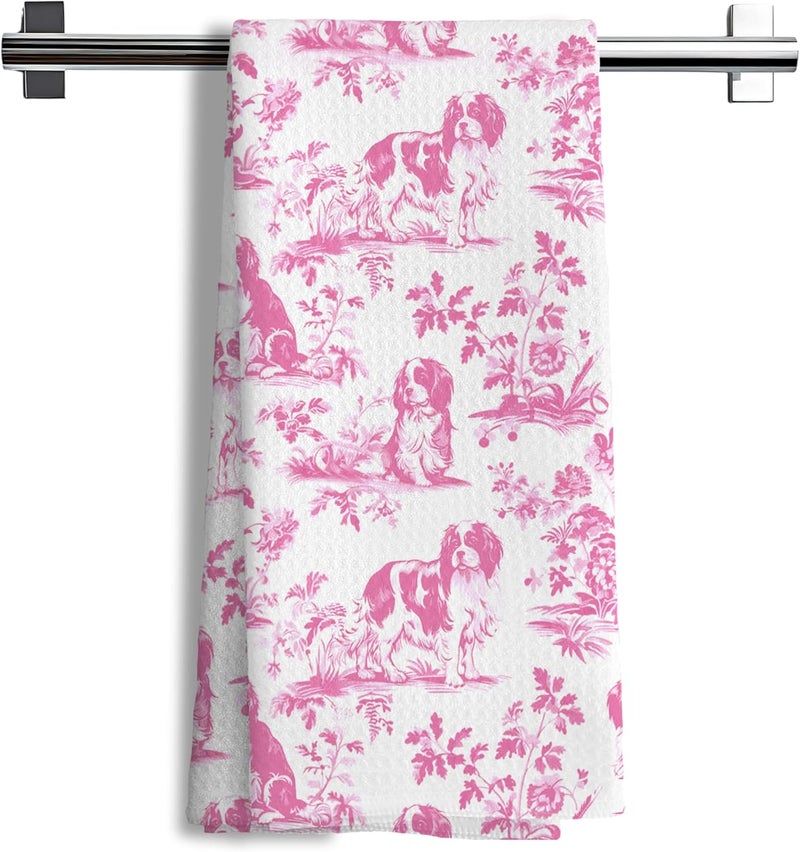 Nipil Pink Chinoiserie Cavalier King Charles Spaniel Kitchen Towels,Grandmillennial Botanical Dog Hand Towels for Kitchen Bathroom,King Cavalier Charles Gifts, 16x24 Inch - Image 1